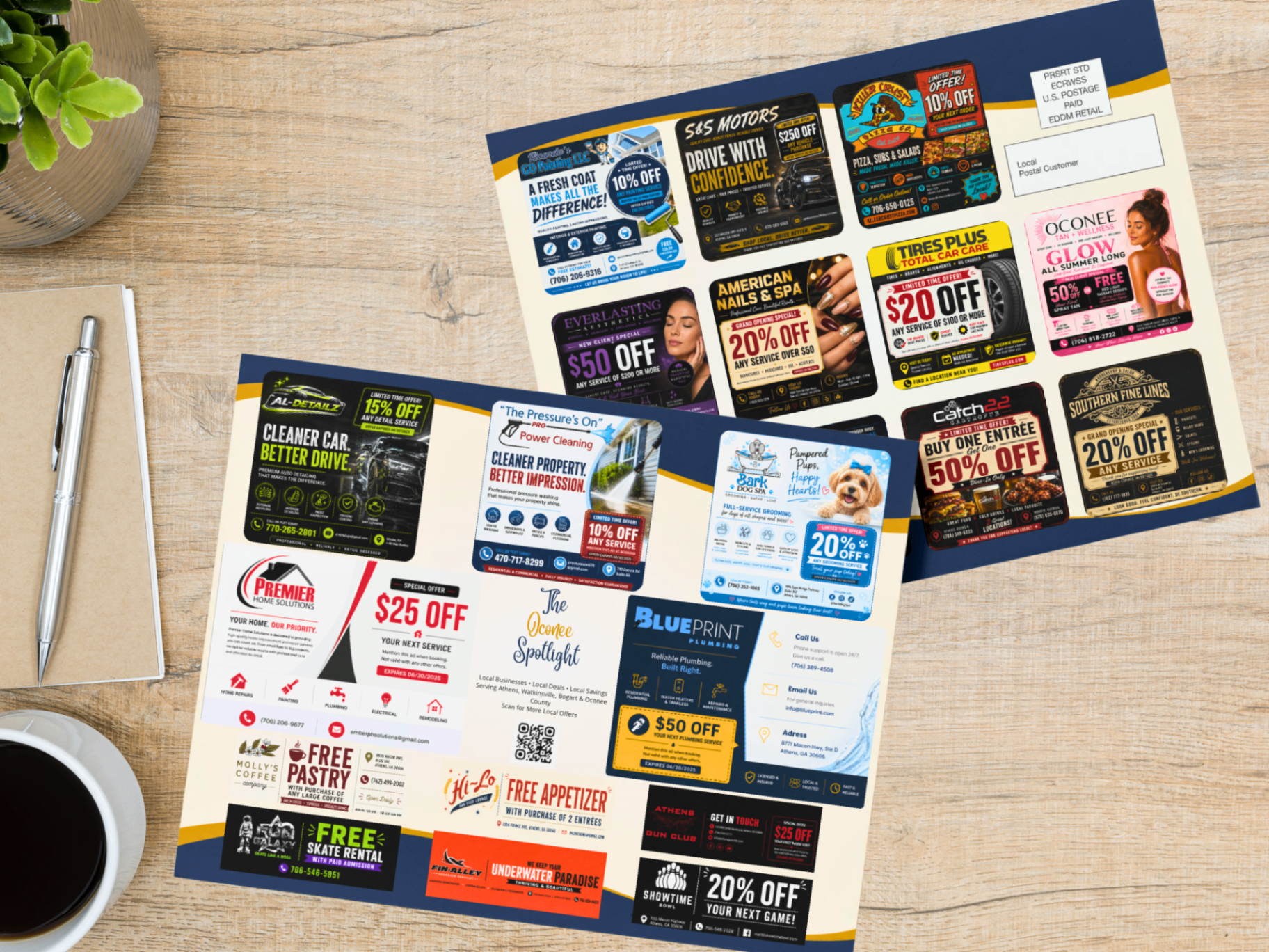 The Oconee Spotlight printed flyer showing both sides on a wooden desk